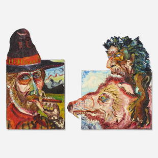 Peter Dean, Magic Boar; Man with Cigar (two works): Peter Dean Magic Boar; Man with Cigar (two works) 1970oil on linen and wood 32 h &times; 29 w in (81 &times; 74 cm) Additional work measures: 30 h x 15 w inches. Signed to lower edge of ea