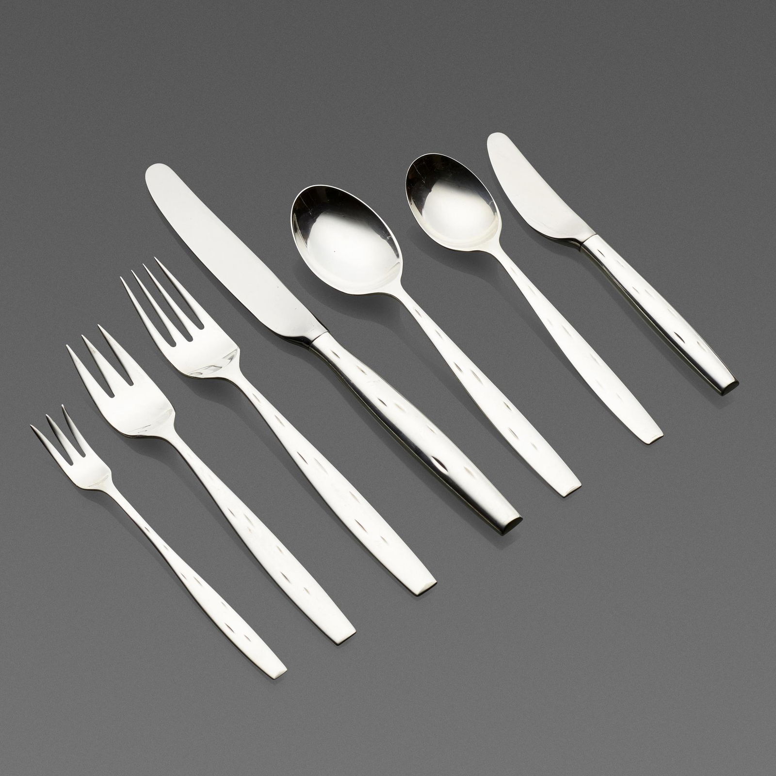 Raymond Loewy, Discovery flatware service: Raymond Loewy Discovery flatware service Wallace SilversmithsUSA/France, c. 1957sterling silver Seven-piece service for twelve plus twelve additional utensils and twelve serving pieces; 108