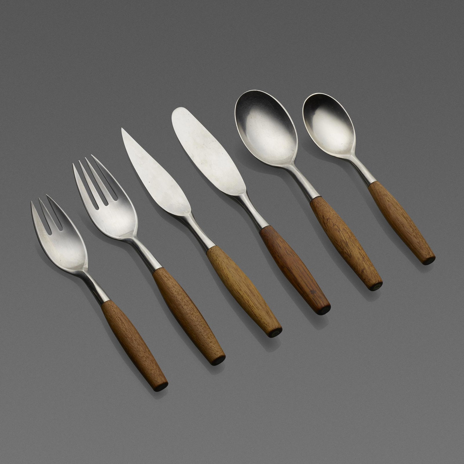 Jens Quistgaard, Fjord flatware: Jens Quistgaard Fjord flatware DanskDenmark / Germany, 1953stainless steel, teak Complete five-piece service for twelve with six fish knives and eight serving utensils; 74 pieces total. All