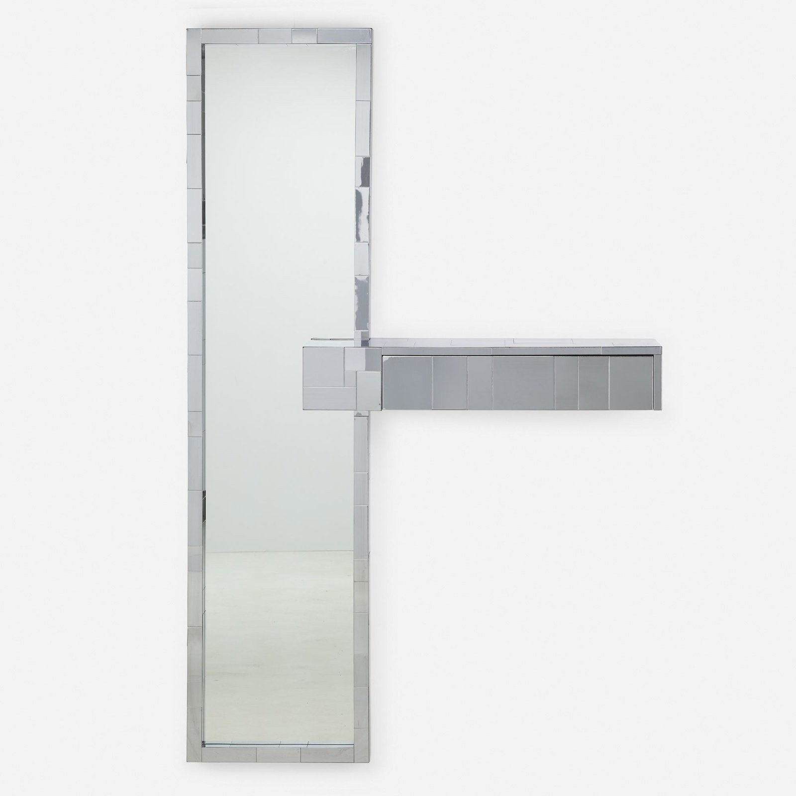 Paul Evans, Wall-mounted Cityscape console and mirror: Paul Evans Wall-mounted Cityscape console and mirror from the PE 200 series Paul Evans Studio for DirectionalUSA, c. 1975chrome-plated steel, mirrored glass assembled: 72 h × 24 w ×
