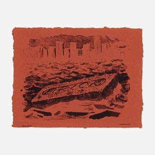 Robert Arneson, Floating Brick: Robert Arneson Floating Brick 1974lithograph in colors 8.625 h × 11.375 w in (22 × 29 cm) Printed to lower left and right margins 'Robert Arneson Landfall Press Inc.'. This work is