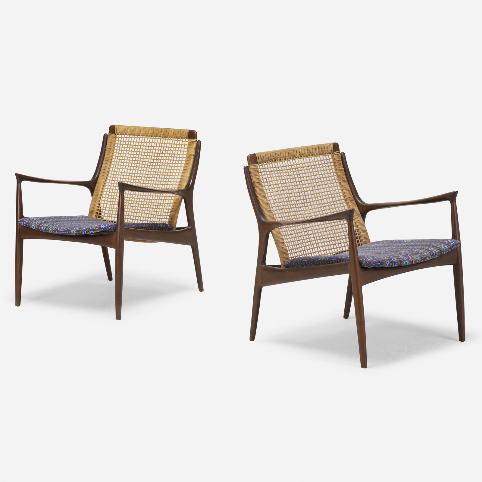 Ib Kofod-Larsen, Lounge chairs, pair: Ib Kofod-Larsen Lounge chairs, pair SeligDenmark, c. 1960teak, upholstery, cane 29.75 h × 27 w × 25 d in (76 × 69 × 63 cm) This work is located at, a