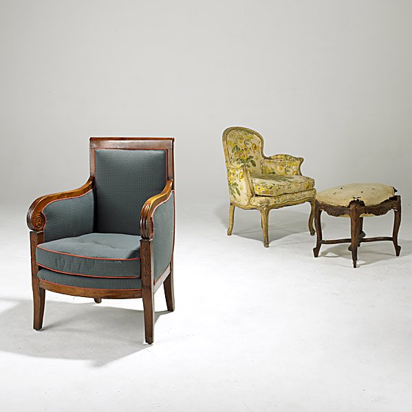 FURNITURE GROUPING: FURNITURE GROUPING; Three pieces: Biedermeier armchair, Louis XV style armchair and upholstered bench frame, 19th/20th c.; Largest: 24'' x 22'' x 35''