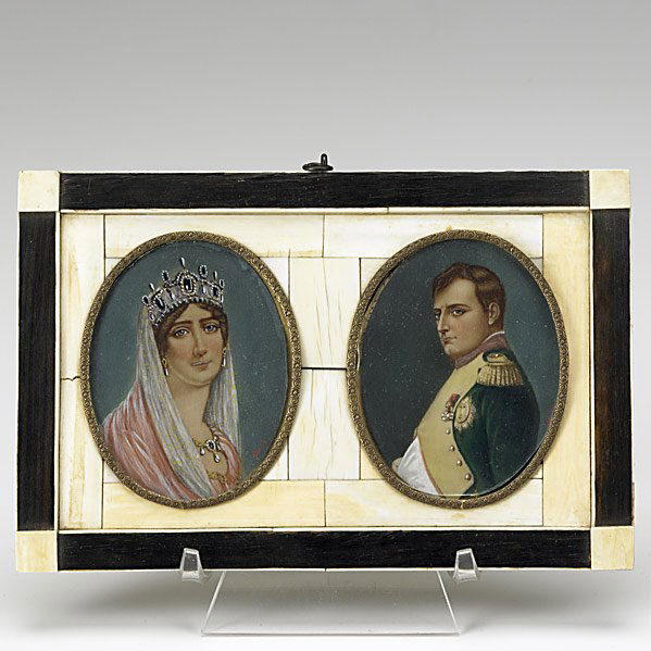 MINIATURE PORTRAITS ON IVORY: MINIATURE PORTRAITS ON IVORY; Napoleon and Josephine, 19th c.; Double frame with ebony and ivory overlay; Signed; 7 5/8'' x 5''