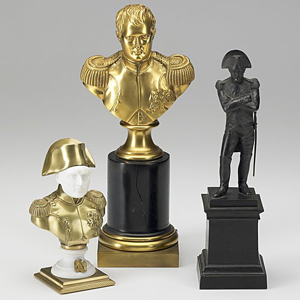 THREE NAPOLEONIC BRONZES: THREE NAPOLEONIC BRONZES; Two dore busts and full length figure on marble base, 19th/20th c.; Tallest: 11''