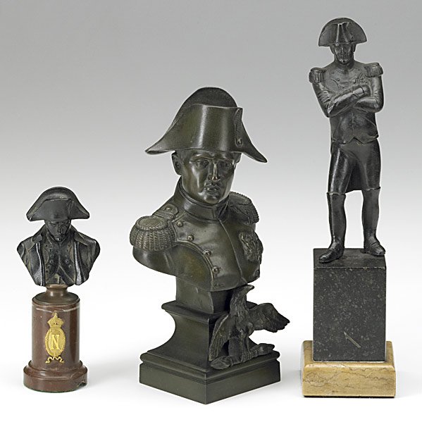 THREE NAPOLEONIC BRONZES: THREE NAPOLEONIC BRONZES; Busts signed Muller and Lambert and one unsigned full figure on marble base, 19th/20th c.; Tallest: 9 1/4''