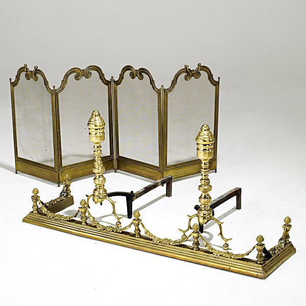 FIREPLACE ACCESSORIES: FIREPLACE ACCESSORIES; Pair of Empire style andirons, four-section screen and fender; One panel of screen: 21'' x 12''