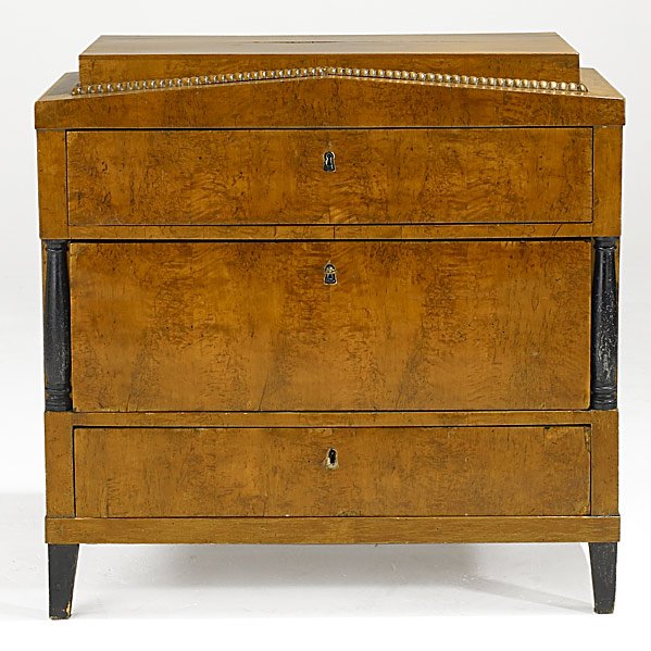 BIEDERMEIER COMMODE: BIEDERMEIER COMMODE; Desk section top over two drawers, 19th c.; 35'' x 17 1/2'' x 35''