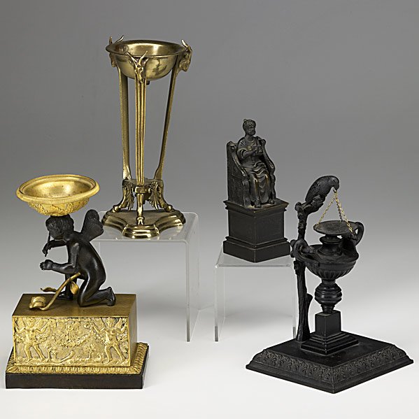 FOUR BRONZES: FOUR BRONZES; Box form dore ink set with patinated bronze angel and three others, 19th c.; Tallest: 7''
