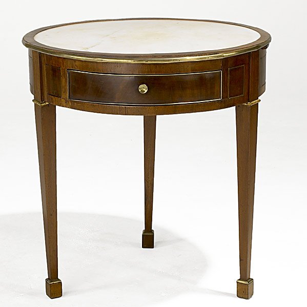 REGENCY DRUM TABLE: REGENCY DRUM TABLE; Marble top, bronze mounts, ca. 1820-1830; 26 1/2'' x 28''