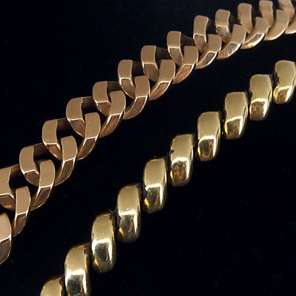 TWO MEN'S GOLD LINK BRACELETS: TWO MEN'S GOLD LINK BRACELETS; Reticulated Italian 14k yg square link together with a 14k rose gold; 51.7 gs. TW; Each: 7 1/2''