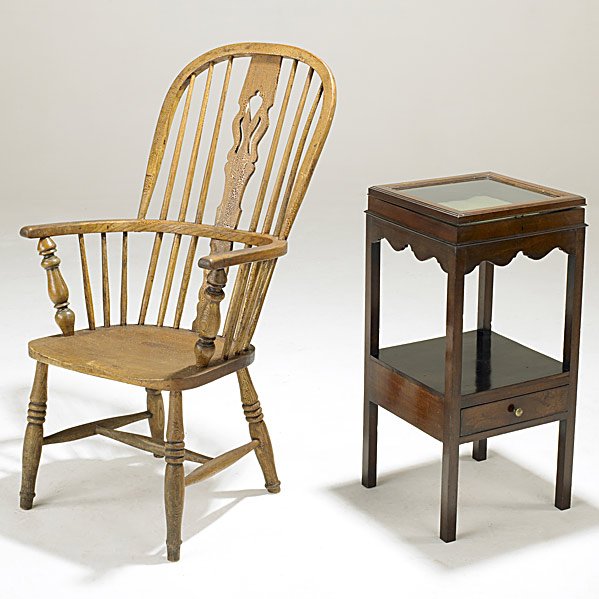 ENGLISH WINDSOR CHAIR: ENGLISH WINDSOR CHAIR; Together with English mahogany night stand, one drawer glass vitrine top, 19th c.; Chair: 41'' x 23'' x 26''