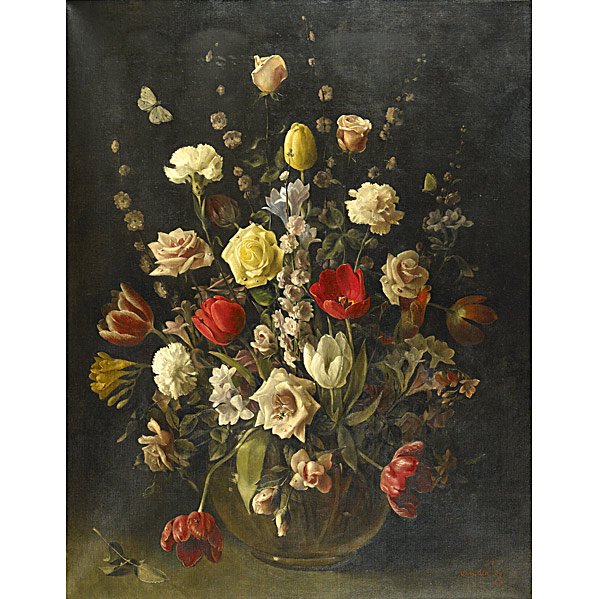 JAN VAN DER LOO (Belgian, 1908-1978): JAN VAN DER LOO (Belgian, 1908-1978); Oil on canvas of still life (framed); Signed Van der Loo '65 and inscribed ''Flowers die, but painted, as friendc(s)hip, for ever live''; 32'' x 25 1/2''