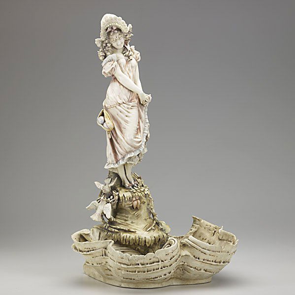 RIESSNER, STELLMACHER & KESSEL AMPHORA CENTERPIECE: RIESSNER, STELLMACHER & KESSEL; Porcelain Amphora centerpiece with woman and birds, early 20th c.; Red R St. K, AMPHORA, 1110 M; 25''