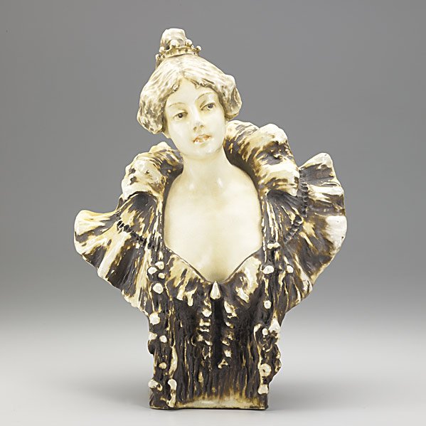 RIESSNER, STELLMACHER & KESSEL AMPHORA BUST: RIESSNER, STELLMACHER & KESSEL; Porcelain Amphora bust of a lady; Signed W. Lachner, dated 1908; Red R St. K, AMPHORA 4719; 14''