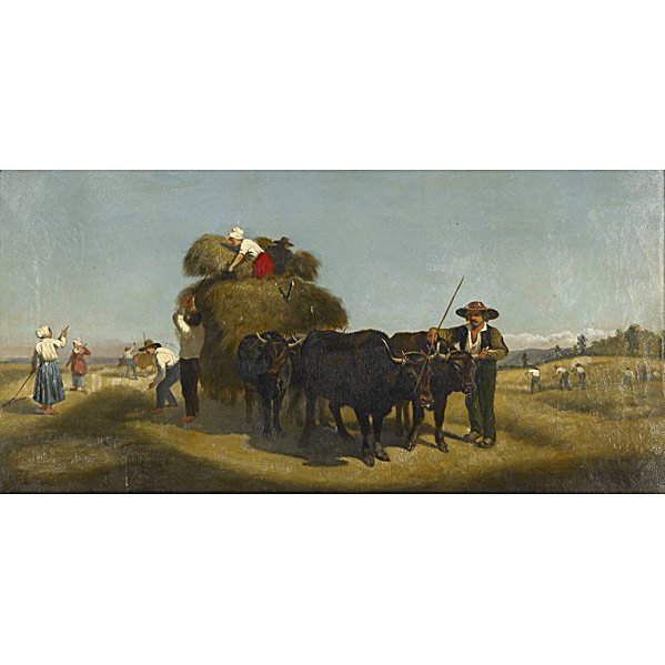 ROSA BONHEUR (French, 1822-1899) (Attr.): ROSA BONHEUR (French, 1822-1899) (Attr.); Oil on canvas, 'The Hay Cart', (framed); Signed; 11'' x 24''