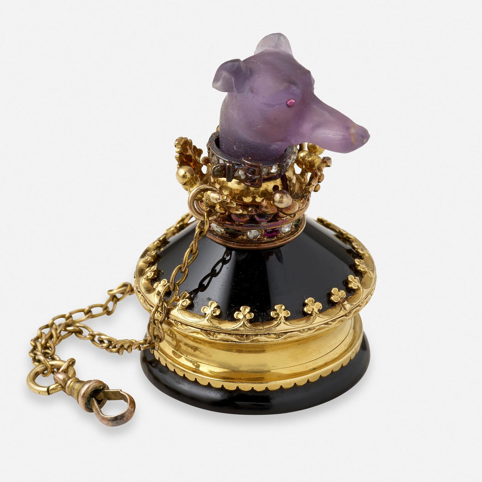 Antique carved amethyst and gem dog seal and fob locket (1 of 4)