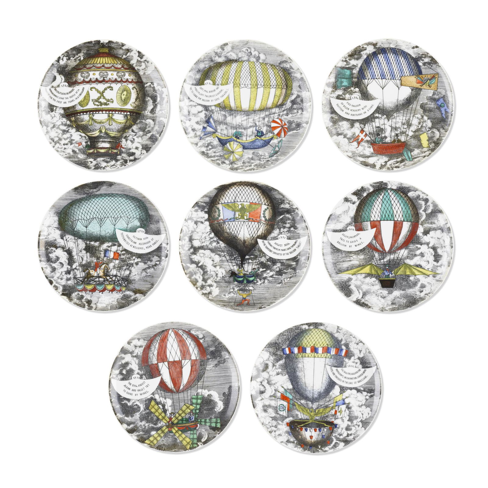 Piero Fornasetti, Mongolfiere plates, set of eight (1 of 2)