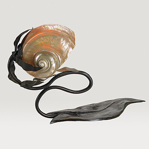 CALIFORNIA ARTS & CRAFTS Table lamp: CALIFORNIA ARTS & CRAFTS; Patinated bronze and conch shell table lamp; Unmarked; 10'' x 16 1/2'' Class: MT LP Manufacturer: CALIFORNIA ARTS & CRAFTS Artist:Other