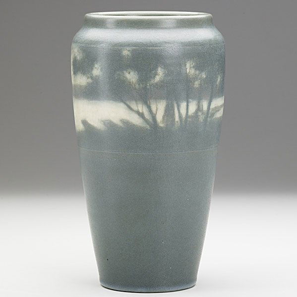E.T. HURLEY; ROOKWOOD Banded Scenic Vellum vase: E.T. HURLEY; ROOKWOOD; Banded Scenic Vellum vase, 1913; Flame mark/XIII/189D/V/E.T.H.; 9 1/4'' x 5'' Class: CR Manufacturer: ROOKWOOD Artist:Hurley, E.T.