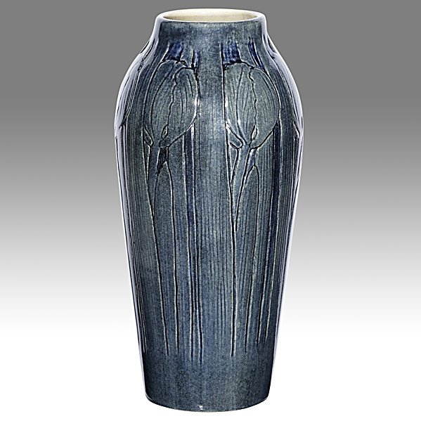 MARIE DE HOA LEBLANC; NEWCOMB COLLEGE Vase: MARIE DE HOA LEBLANC; NEWCOMB COLLEGE; Exceptional tall vase with tulips, 1909; Mid-body interior firing line does not go through; NC MHLB JM QCX28; 10 3/4'' x 5'' Class: CR Manufacturer: NEWCOMB COLL
