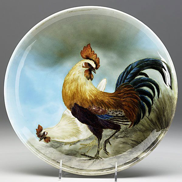 ERNEST CARRIERE; THEODORE DECK Charger: ERNEST CARRIERE; THEODORE DECK; Charger painted underglaze with rooster; Uncrazed; Stamped TH DECK, signed Ernest Carriere; 11 3/4'' dia. Class: CR Manufacturer: THEODORE DECK Artist:Carriere, Ernest