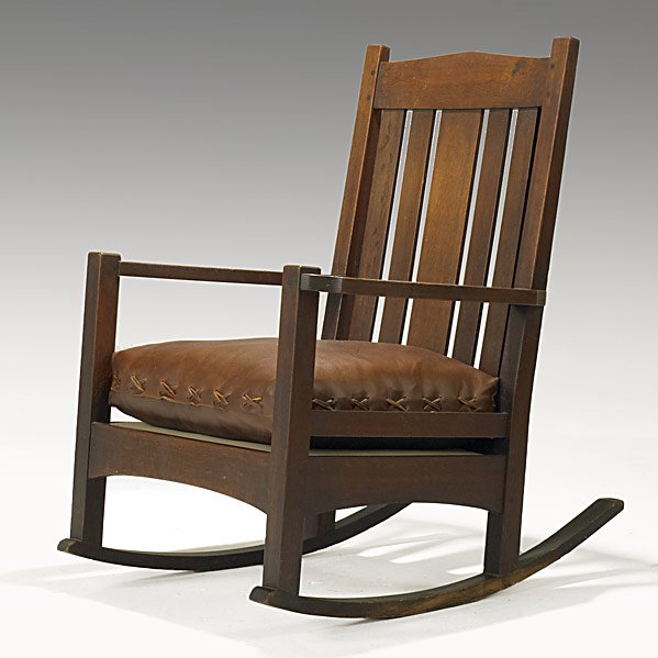 L. AND J.G. STICKLEY; ONONDAGA SHOPS Rocker: L. AND J.G. STICKLEY; ONONDAGA SHOPS; Slatted rocker (no. 751); Unsigned; 37'' x 27'' x 22'' Class: FR SE Manufacturer: ONONDAGA SHOPS Artist:Stickley, L. and J.G.