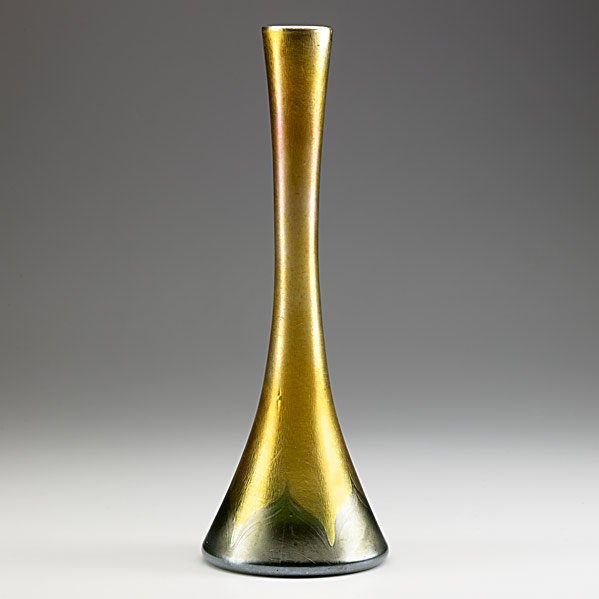 TIFFANY STUDIOS Gold Favrile tall bud vase: TIFFANY STUDIOS; Gold Favrile tall bud vase with pulled feather base; L.C.T. TIFFANY FAVRILE 624J; 12'' x 4 1/2'' Class: GL Manufacturer: TIFFANY STUDIOS Artist:Other