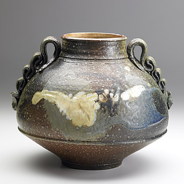 DON REITZ Glazed ceramic two-handled vessel: DON REITZ; Glazed ceramic two-handled vessel; Signed REITZ; 8'' x 9'' Class: CR Manufacturer: Artist:Reitz, Don