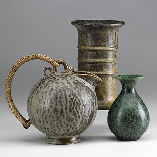 ARNE BANG Three glazed ceramic vessels: ARNE BANG; Three glazed ceramic vessels; All marked AB and dated; Cylindrical: 6 1/2'' x 4 1/4'' Class: CR Manufacturer: Artist:Bang, Arne