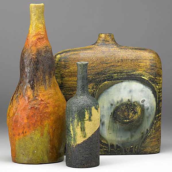MARCELLO FANTONI; RAYMOR Three vessels: MARCELLO FANTONI; RAYMOR; Three glazed ceramic vessels; All signed Fantoni Italy Raymor; Tallest: 12 1/4'' x 5 1/4'' Class: CR Manufacturer: RAYMOR Artist:Fantoni, Marcello