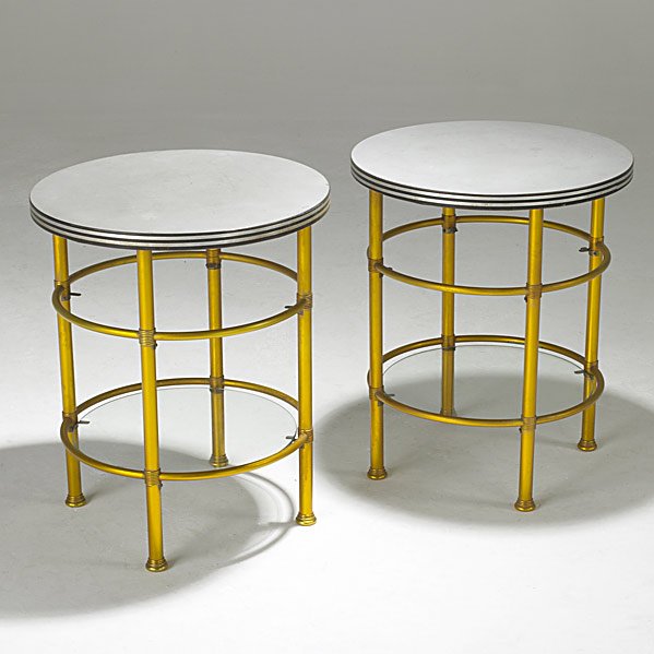 WARREN McARTHUR Two anodized aluminum tables: WARREN McARTHUR; Two anodized aluminum tables with laminate tops inlaid with aluminum banding; Unmarked; 21 1/2'' x 18'' dia. Class: FR TA Manufacturer: Artist:McArthur, Warren