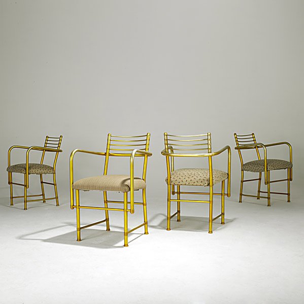 WARREN McARTHUR Four anodized aluminum armchairs: WARREN McARTHUR; Four anodized aluminum armchairs; All with WARREN MCARTHUR decal; 32'' x 21'' x 22'' Class: FR SE Manufacturer: Artist:McArthur, Warren