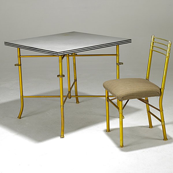 WARREN McARTHUR Card table and side chair: WARREN McARTHUR; Anodized aluminum card table and single side chair; Unmarked; Table: 29'' x 32'', chair: 32'' x 17'' x 18 1/2'' Class: FR TA SE Manufacturer: Artist:McArthur, Warren
