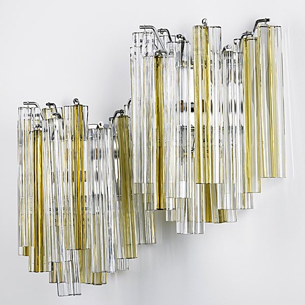 VENINI Pair of chandelier scones: VENINI; Pair of clear and amber glass chandelier sconces, c. 1960; Complete with original instructions; Unmarked; 13'' x 10'' x 7'' Class: LP GL Manufacturer: VENINI Artist:Other