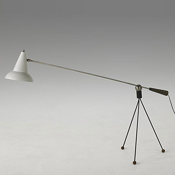GILBERT WATROUS; HEIFETZ Floor lamp: GILBERT WATROUS; HEIFETZ; Painted and brushed steel floor lamp with bronze handle, enameled metal shade and cork feet; Unmarked; As shown: 28 1/2'' x 48'' x 14'' Class: LP Manufacturer: HEIFETZ Artist
