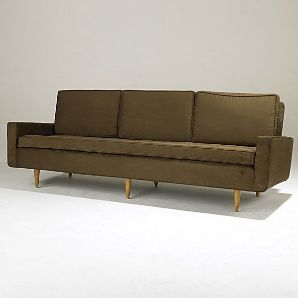 FLORENCE KNOLL; KNOLL Sofa: FLORENCE KNOLL; KNOLL; Ultrasuede and birchwood sofa; Unmarked; 30'' x 89'' x 29'' Class: FR SE SO Manufacturer: KNOLL Artist:Knoll, Florence