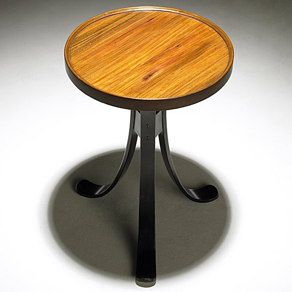 EDWARD WORMLEY; DUNBAR Drink stand: EDWARD WORMLEY; DUNBAR; Drink stand with tawi and mahogany top, mahogany base; Brass tag; 19'' x 13'' dia. Class: FR TA Manufacturer: DUNBAR Artist:Wormley, Edward