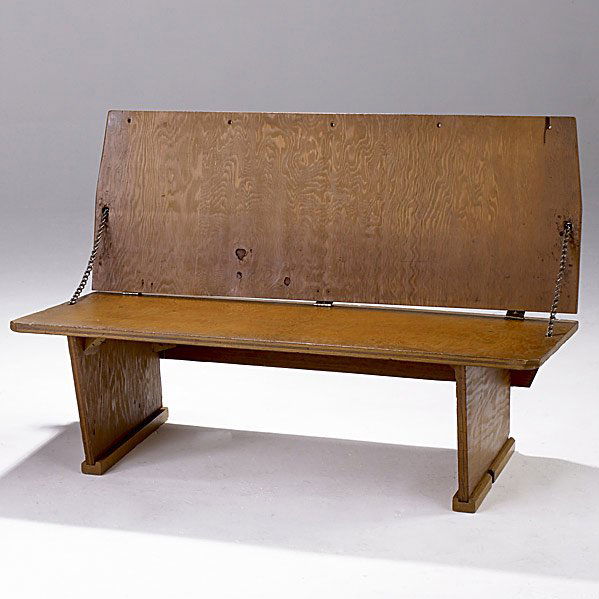 FRANK LLOYD WRIGHT Plywood bench: FRANK LLOYD WRIGHT; Plywood bench, 1951; Provenance: Meeting House, First Unitarian Society, Madison, Wisconsin; Branded mark FLW 51; 27 1/2'' x 42'' x 21'' Class: FR SE Manufacturer: Artist:Wright,