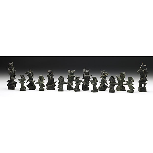 BERNARD BRENNER Bronze chess set : BERNARD BRENNER; Bronze chess set in contrasting verdigris patinae; Custom walnut box; Unmarked; Rook: 4'', pawn: 2 1/4'', box: 4 1/2'' x 16 1/2'' x 8 1/4'' Class: MT WO Manufacturer: Artist:Brenner, 