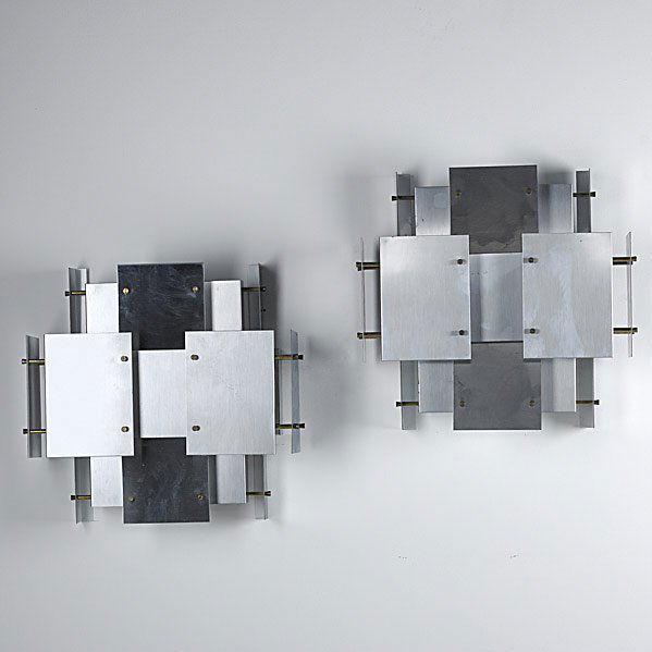 ROBERT SONNEMAN Pair of sconces: ROBERT SONNEMAN; Pair of brushed steel and brass sconces; Each with foil label; 15'' x 16'' x 6'' Class: LP Manufacturer: Artist:Sonneman, Robert
