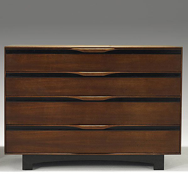 JOHN KAPEL; GLENN OF CALIFORNIA Walnut dresser: JOHN KAPEL; GLENN OF CALIFORNIA; Walnut dresser, c. 1960; Unmarked; 29 3/4'' x 42'' x 20 1/2'' Class: FR ST Manufacturer: GLENN OF CALIFORNIA Artist:Kapel, John