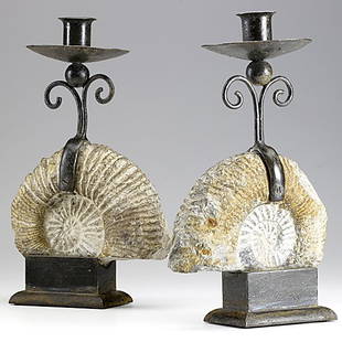 JEAN-CHARLES MOREUX & BOLETTE NATANSON Candlestick: JEAN-CHARLES MOREUX AND BOLETTE NATANSON; Pair of wrought-iron and fossil candlesticks, 1936; Unmarked; 14'' x 8 1/2'' Class: MT Manufacturer: Artist:Moreux, Jean-Charles