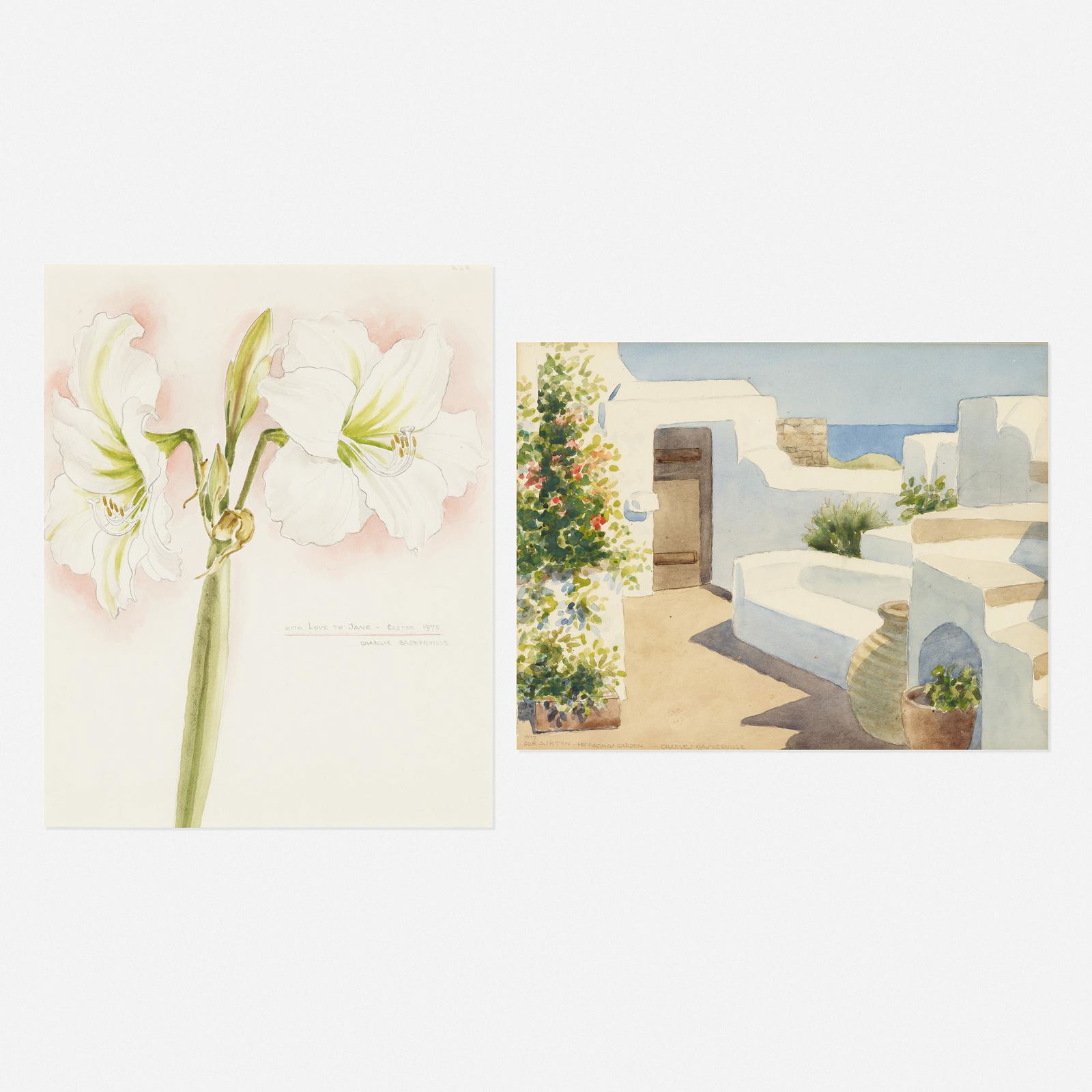 Charles Baskerville, Jr., Study of Lilies; Untitled: Charles Baskerville, Jr. Study of Lilies; Untitled (two works) 1975, 1977watercolor on paper sight: 13.125 h × 10.75 w in (33 × 27 cm) sight: 10 h × 12.875 w in (25 × 33 cm