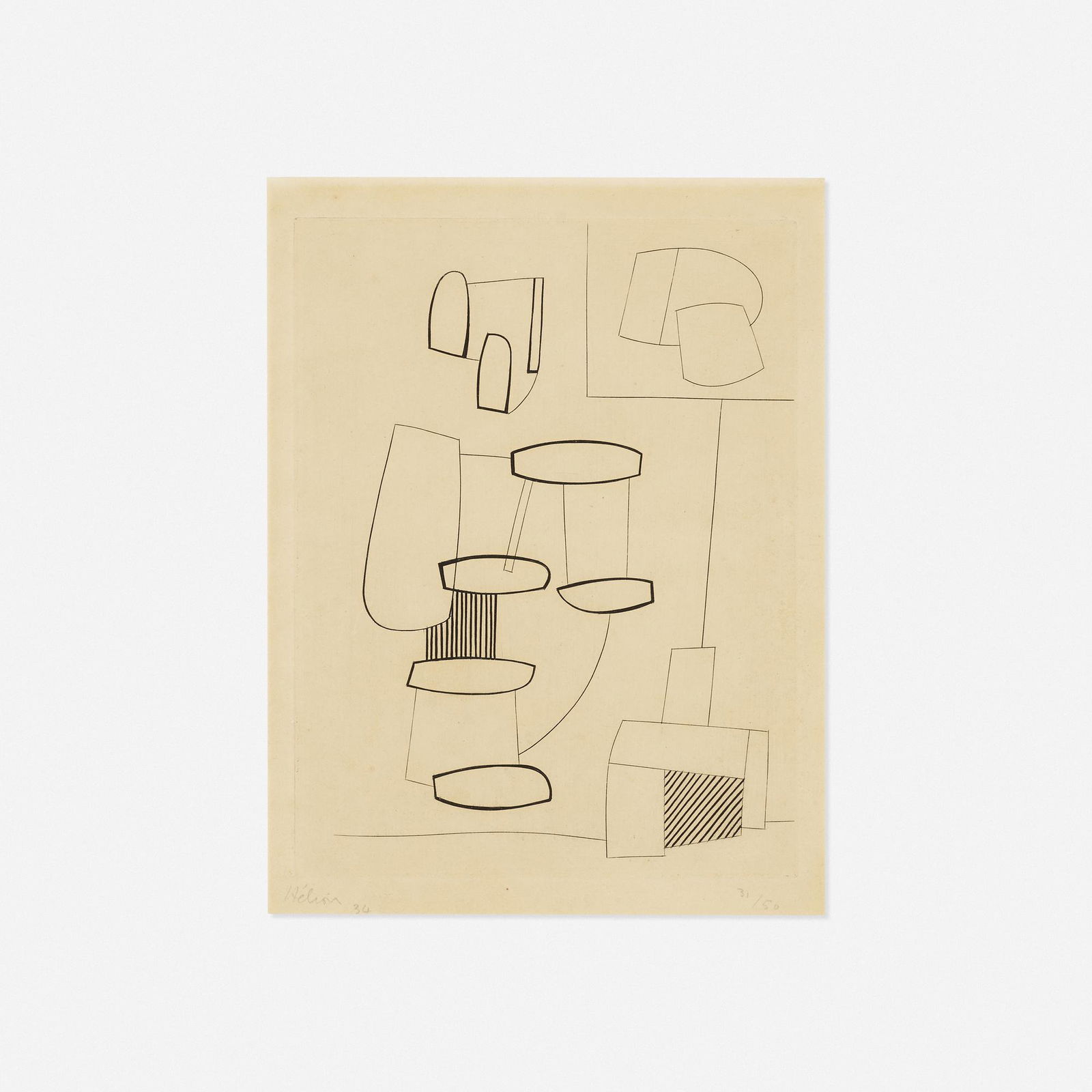Jean Helion, Untitled: Jean Helion Untitled 1934etching 10.5 h × 8 w in (27 × 20 cm) Signed, dated and numbered to lower edge 'Helion '34 31/50'. This work is number 31 from the edition of 50.