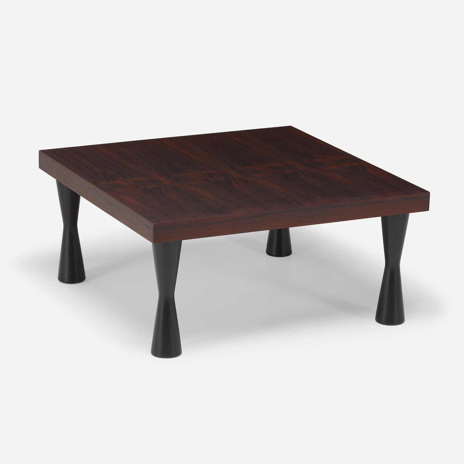 Modern, Coffee table: Modern Coffee table rosewood, lacquered wood 14 h × 30 w × 30 d in (36 × 76 × 76 cm) This work will ship from Rago in Lambertville, New Jersey.
