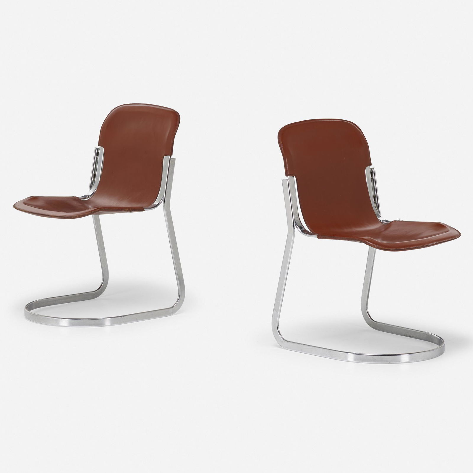 Willy Rizzo, Dining chairs, pair: Willy Rizzo Dining chairs, pair CidueItaly, c. 1975chrome-plated steel, leather 31.25 h × 18.25 w × 22 d in (79 × 46 × 56 cm) This work will ship fro