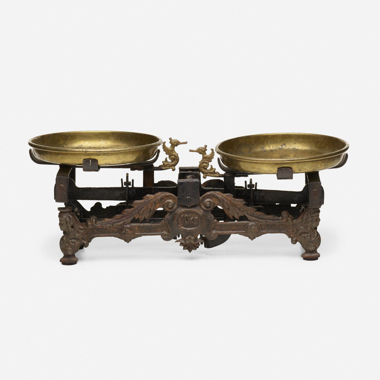 Russian, Antique 10kg scale with seahorses: Russian Antique 10kg scale with seahorses iron 7.5 h × 21.5 w × 9 d in (19 × 55 × 23 cm) Assay marks. This work will ship from Rago in Lambertville, New J