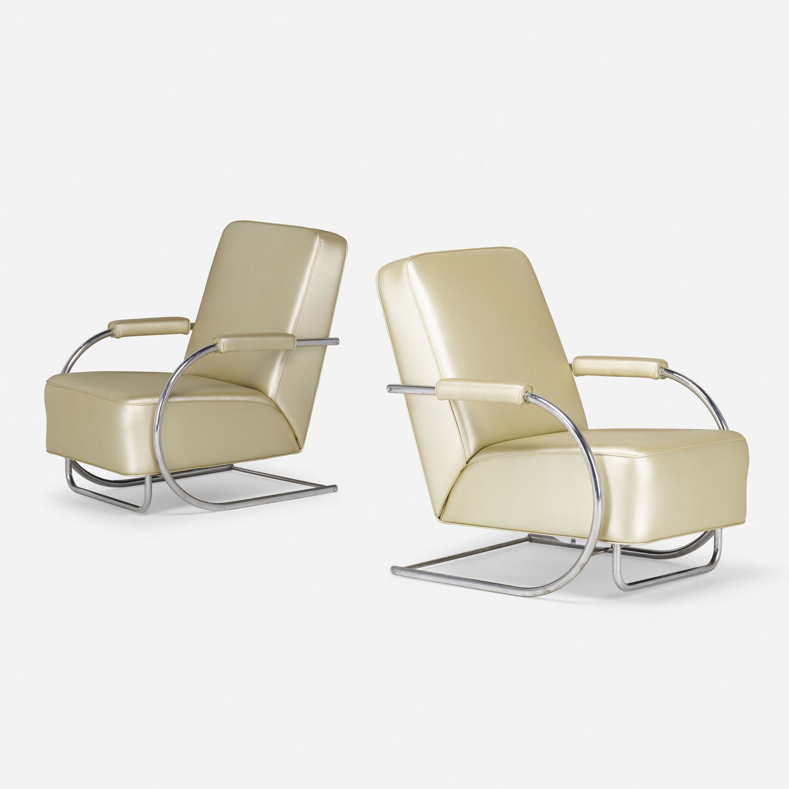 In the manner of Kem Weber, Armchairs, pair: In the manner of Kem Weber Armchairs, pair USA, 20th centurychrome-plated steel, satin upholstery 33.25 h × 26.5 w × 32 d in (84 × 67 × 81 cm) This work wi