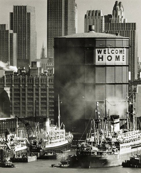 Andreas Feininger (American, 1906-1999) Two: Andreas Feininger (American, 1906-1999) ''Welcome Home,'' Midtown Manhattan Seen from New Jersey, 1947; Gelatin silver print; Signed and dated with photographer's stamp on verso; 13 1/2 x 10 3/4''; Pr